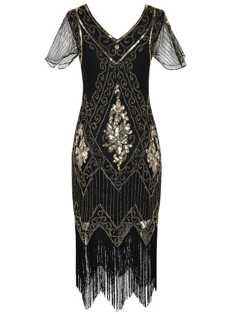 PrettyGuide Women's Flapper Dress Sequin Fringed Cocktail Gatsby Dress with Sleeve M Gold - Image 1
